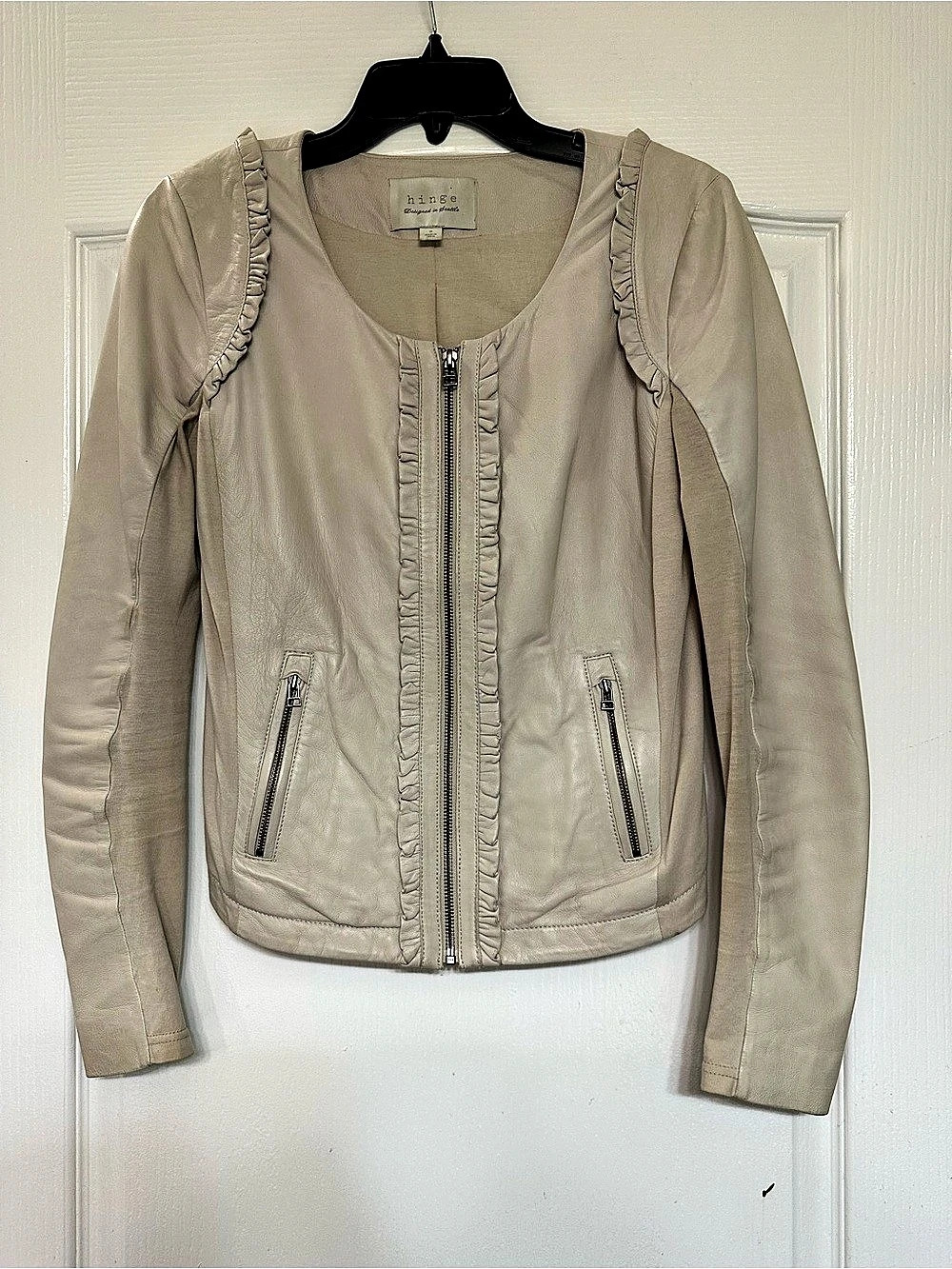 Hinge Ruffle Trim Leather Jacket Beige Small